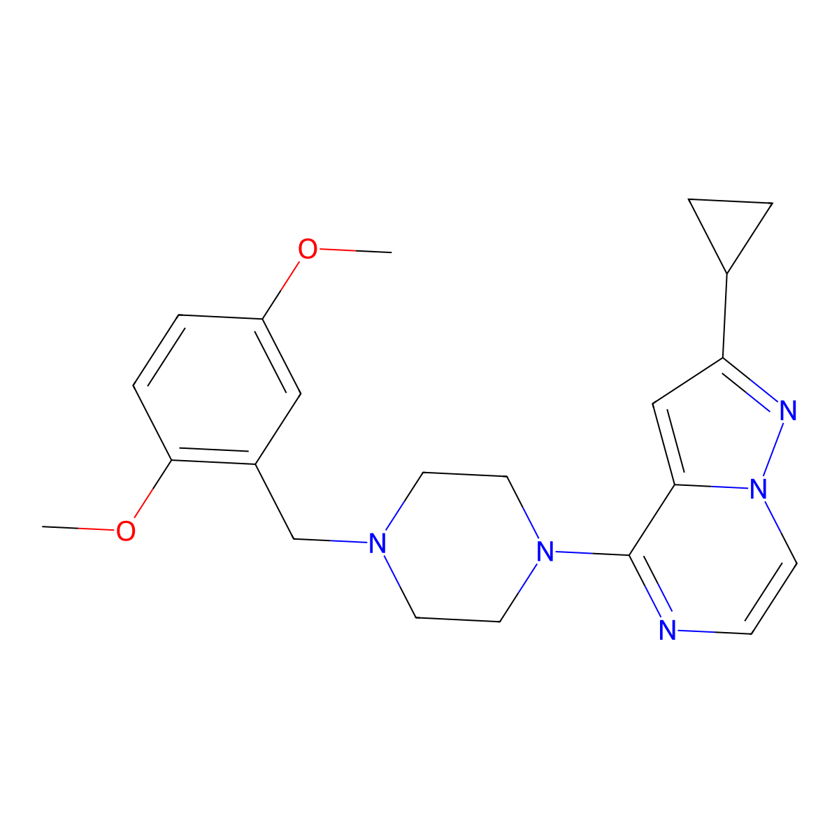 1-{2-Cyclopropylpyrazolo[1,5-a]pyrazin-4-yl}-4-[(2,5-dimethoxyphenyl)methyl]piperazine molecular structure, CAS 2877638-42-9