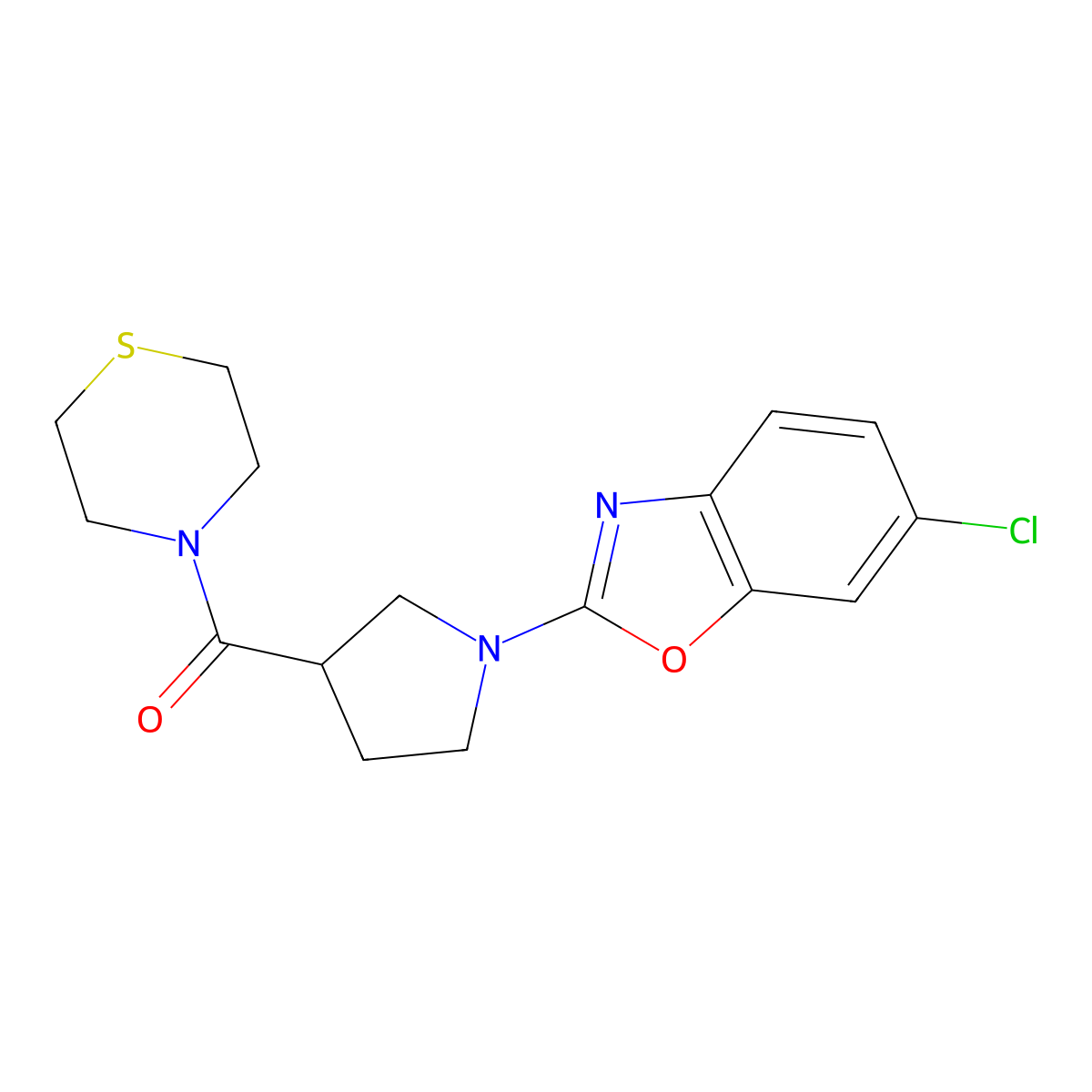 6-Chloro-2-[3-(thiomorpholine-4-carbonyl)pyrrolidin-1-yl]-1,3-benzoxazole molecular structure, CAS 2877638-65-6