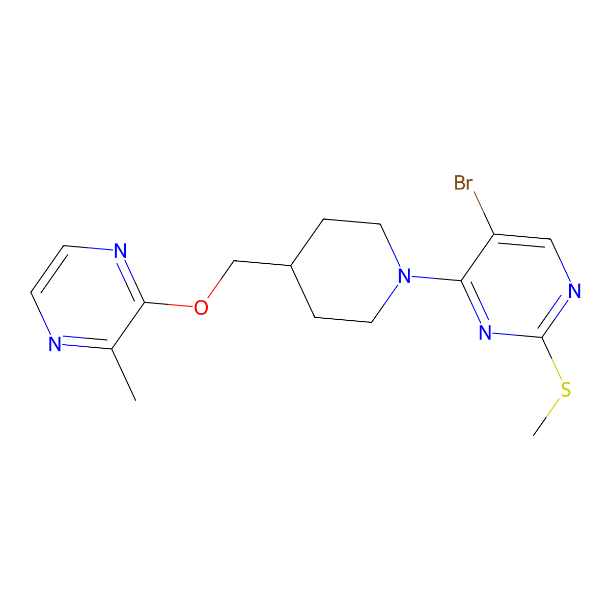 5-Bromo-4-(4-{[(3-methylpyrazin-2-yl)oxy]methyl}piperidin-1-yl)-2-(methylsulfanyl)pyrimidine molecular structure, CAS 2877638-80-5