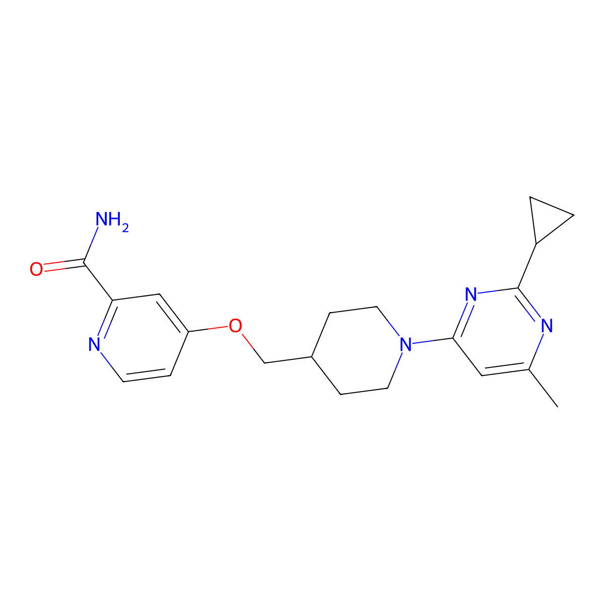 4-{[1-(2-Cyclopropyl-6-methylpyrimidin-4-yl)piperidin-4-yl]methoxy}pyridine-2-carboxamide molecular structure, CAS 2877638-91-8
