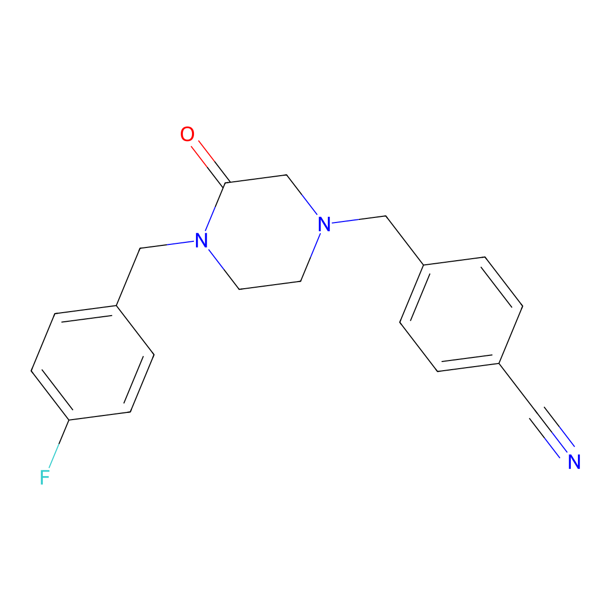 4-({4-[(4-Fluorophenyl)methyl]-3-oxopiperazin-1-yl}methyl)benzonitrile molecular structure, CAS 2877638-92-9