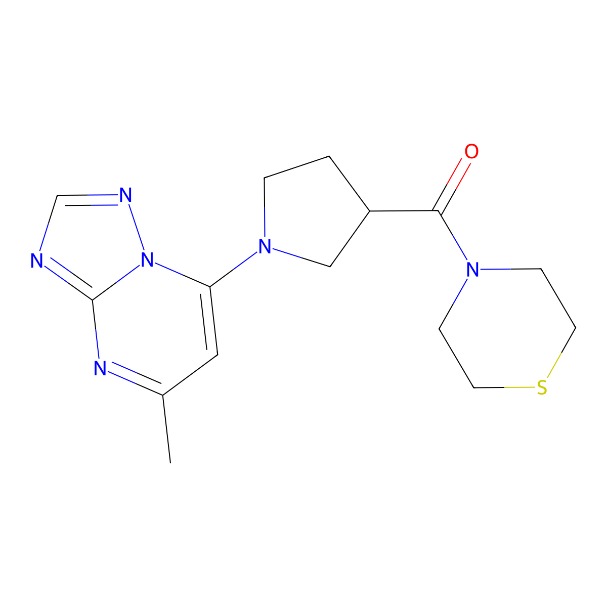 4-(1-{5-Methyl-[1,2,4]triazolo[1,5-a]pyrimidin-7-yl}pyrrolidine-3-carbonyl)thiomorpholine molecular structure, CAS 2877639-11-5
