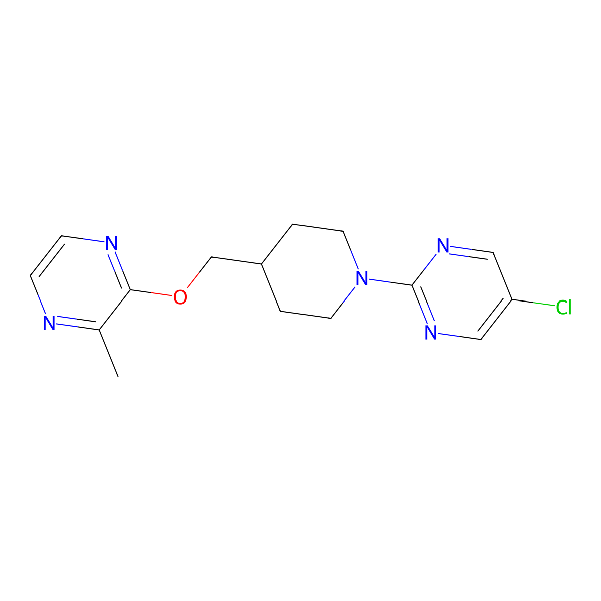5-Chloro-2-(4-{[(3-methylpyrazin-2-yl)oxy]methyl}piperidin-1-yl)pyrimidine molecular structure, CAS 2877639-35-3