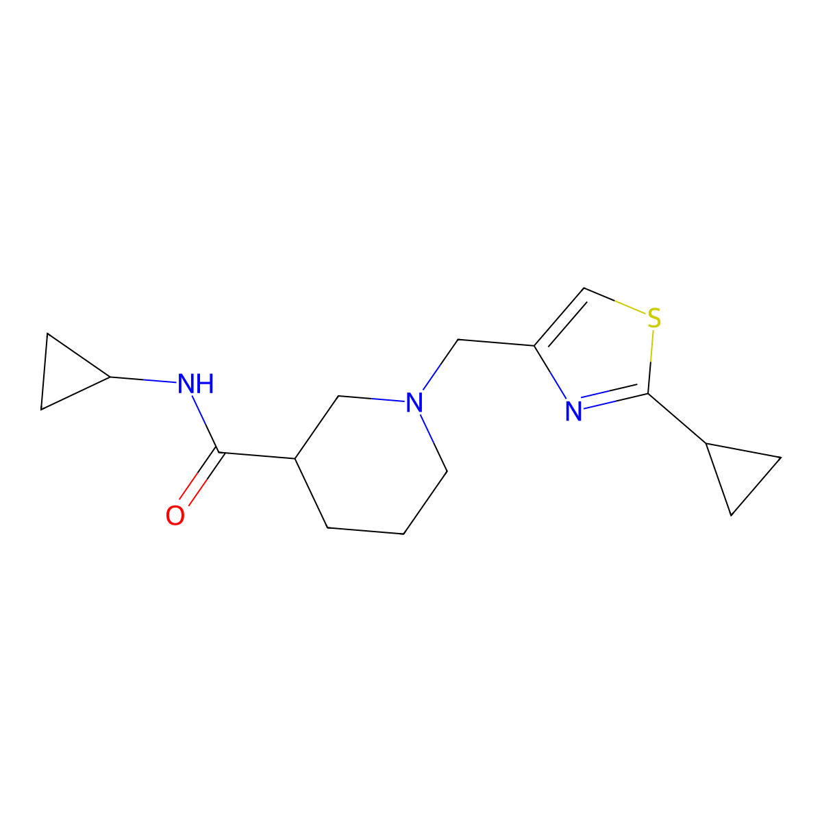 N-cyclopropyl-1-[(2-cyclopropyl-1,3-thiazol-4-yl)methyl]piperidine-3-carboxamide molecular structure, CAS 2877639-44-4