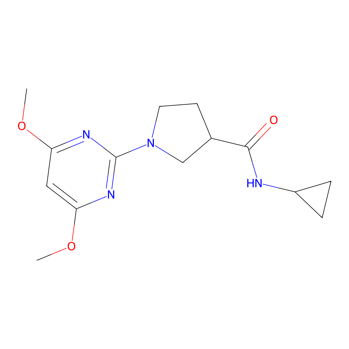 N-cyclopropyl-1-(4,6-dimethoxypyrimidin-2-yl)pyrrolidine-3-carboxamide molecular structure, CAS 2877639-53-5