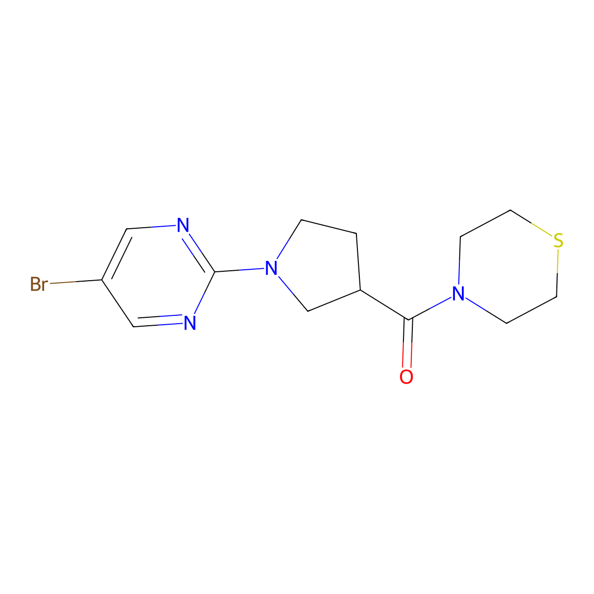 4-[1-(5-Bromopyrimidin-2-yl)pyrrolidine-3-carbonyl]thiomorpholine molecular structure, CAS 2877639-62-6