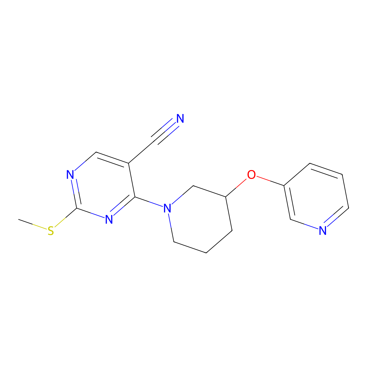 2-(Methylsulfanyl)-4-[3-(pyridin-3-yloxy)piperidin-1-yl]pyrimidine-5-carbonitrile molecular structure, CAS 2877639-67-1