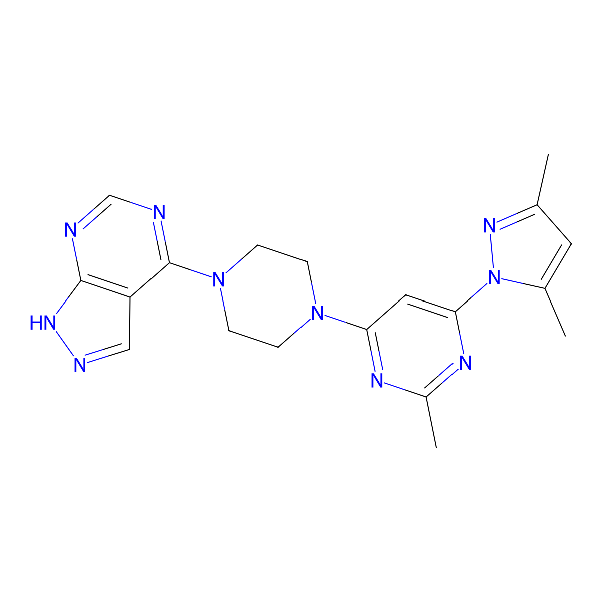 4-(3,5-dimethyl-1H-pyrazol-1-yl)-2-methyl-6-(4-{1H-pyrazolo[3,4-d]pyrimidin-4-yl}piperazin-1-yl)pyrimidine molecular structure, CAS 2877639-68-2