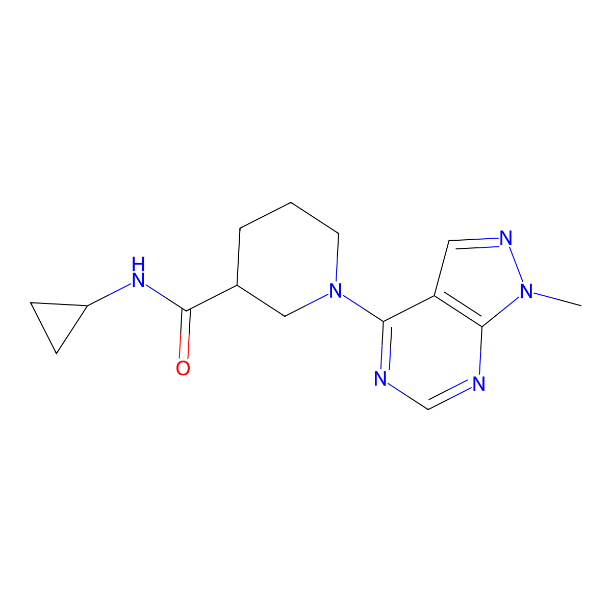N-cyclopropyl-1-{1-methyl-1H-pyrazolo[3,4-d]pyrimidin-4-yl}piperidine-3-carboxamide molecular structure, CAS 2877639-69-3