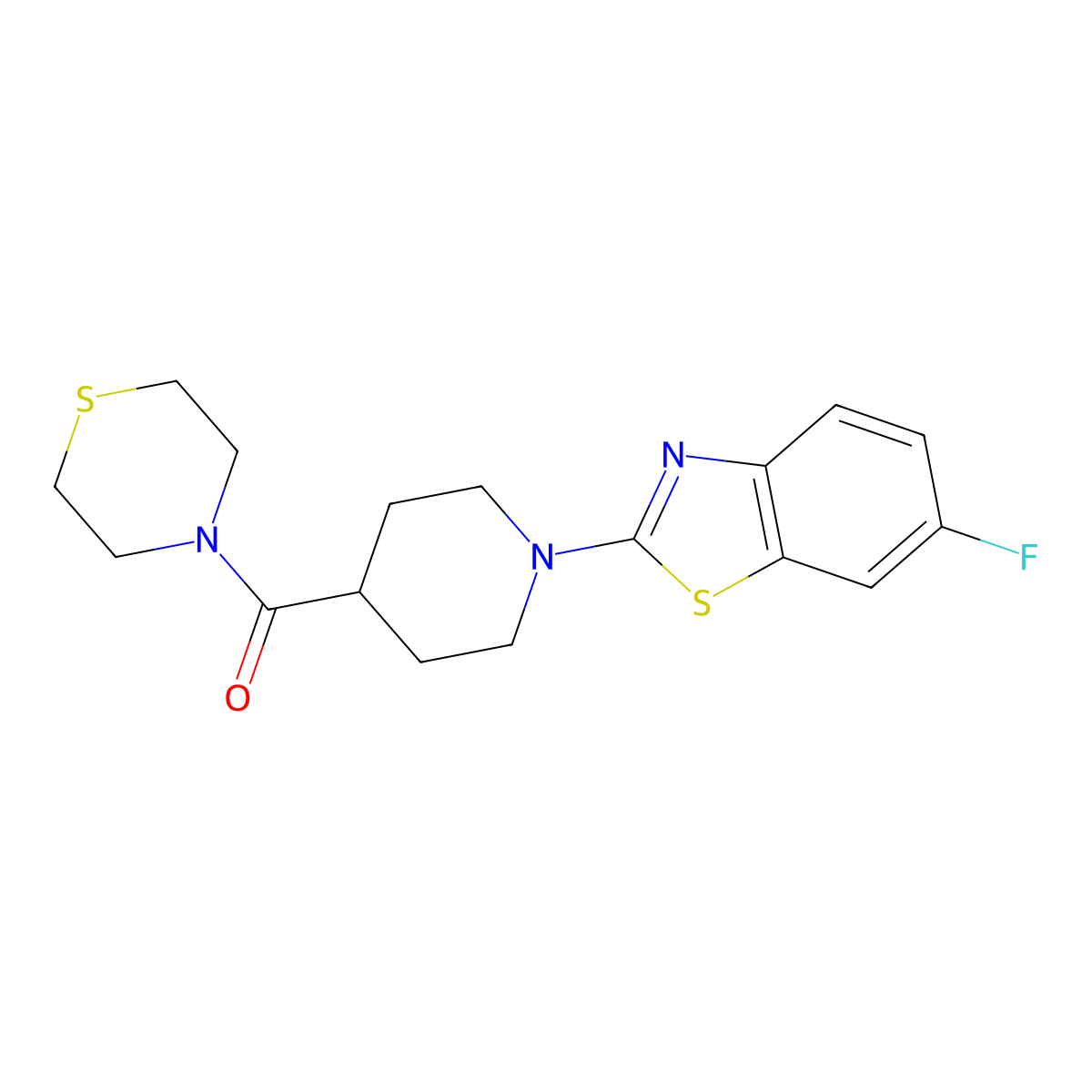 6-Fluoro-2-[4-(thiomorpholine-4-carbonyl)piperidin-1-yl]-1,3-benzothiazole molecular structure, CAS 2877639-70-6