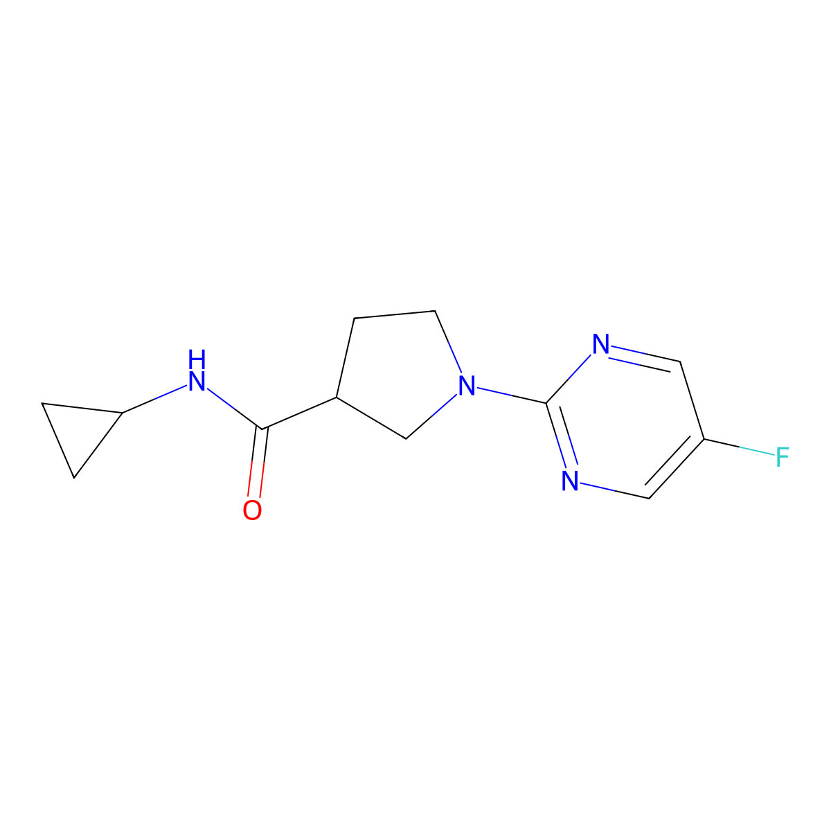 N-cyclopropyl-1-(5-fluoropyrimidin-2-yl)pyrrolidine-3-carboxamide molecular structure, CAS 2877639-95-5