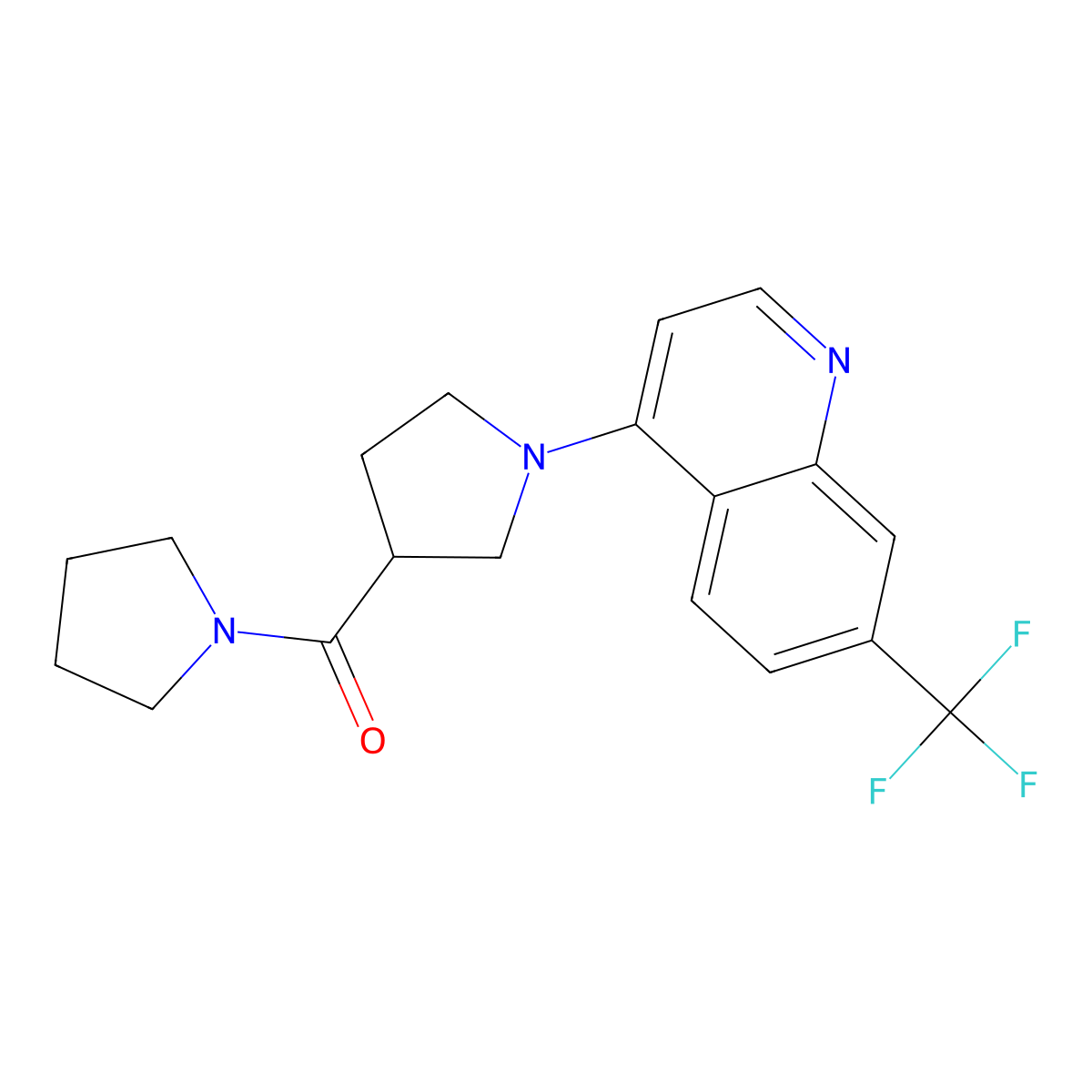4-[3-(Pyrrolidine-1-carbonyl)pyrrolidin-1-yl]-7-(trifluoromethyl)quinoline molecular structure, CAS 2877639-99-9