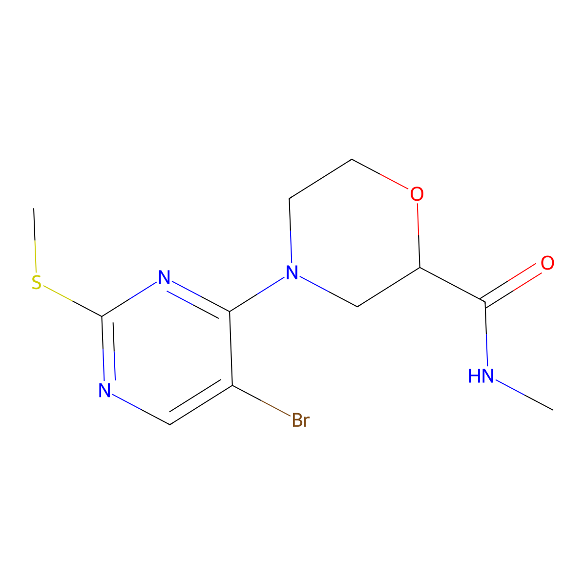 4-[5-bromo-2-(methylsulfanyl)pyrimidin-4-yl]-N-methylmorpholine-2-carboxamide molecular structure, CAS 2877640-11-2