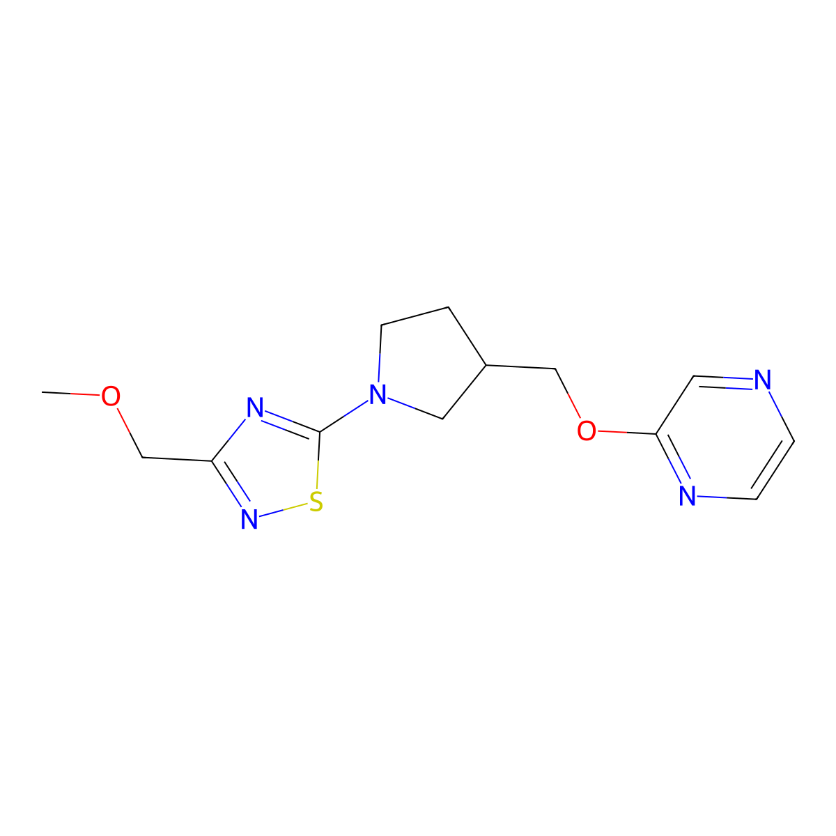 2-({1-[3-(Methoxymethyl)-1,2,4-thiadiazol-5-yl]pyrrolidin-3-yl}methoxy)pyrazine molecular structure, CAS 2877640-38-3
