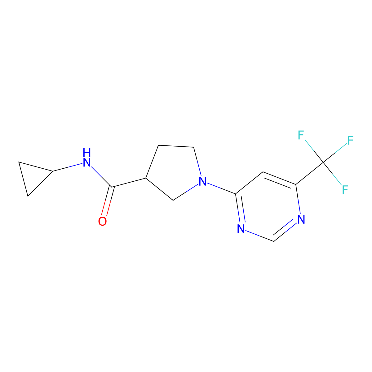 N-cyclopropyl-1-[6-(trifluoromethyl)pyrimidin-4-yl]pyrrolidine-3-carboxamide molecular structure, CAS 2877640-43-0