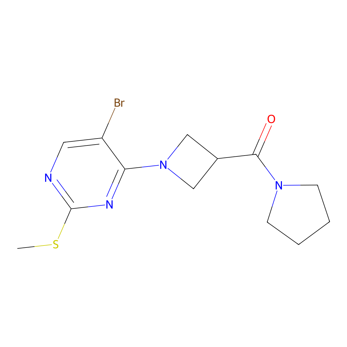 5-Bromo-2-(methylsulfanyl)-4-[3-(pyrrolidine-1-carbonyl)azetidin-1-yl]pyrimidine molecular structure, CAS 2877640-44-1