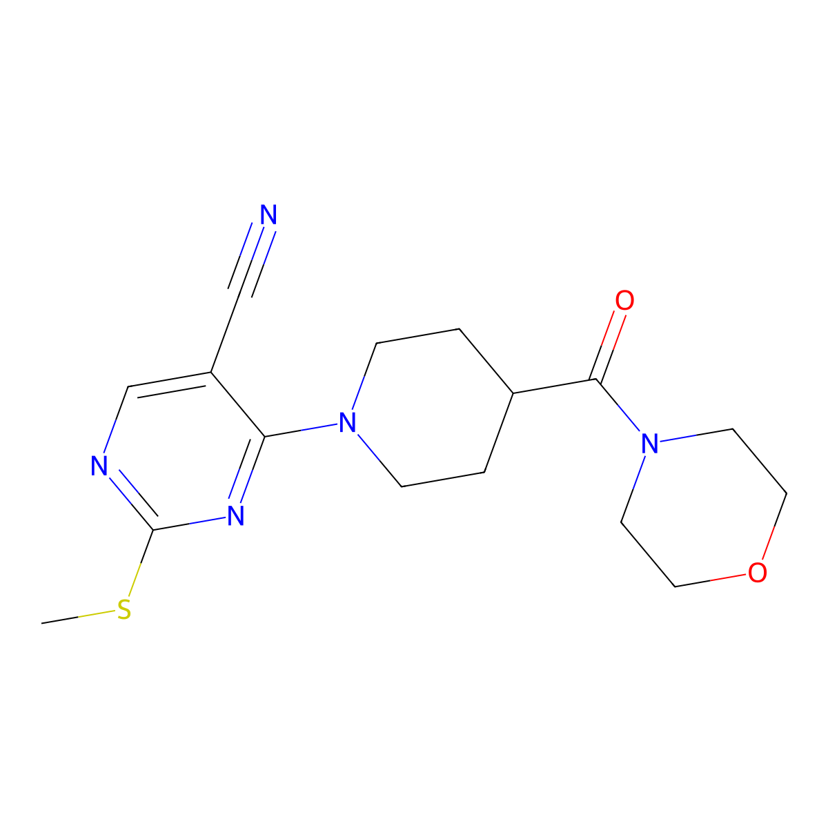 2-(Methylsulfanyl)-4-[4-(morpholine-4-carbonyl)piperidin-1-yl]pyrimidine-5-carbonitrile molecular structure, CAS 2877640-58-7