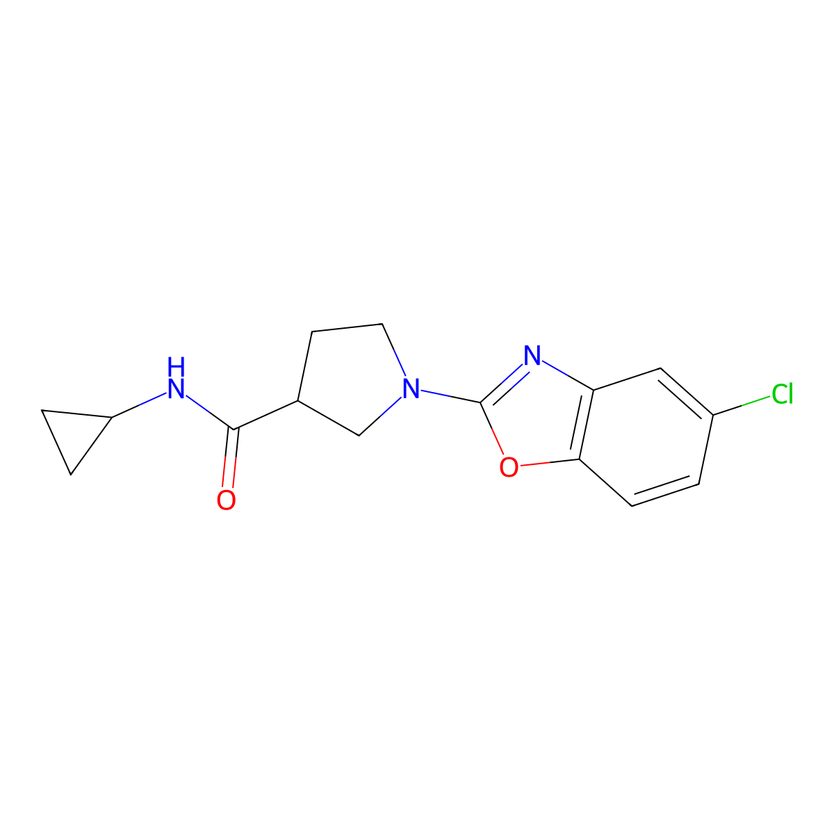 1-(5-chloro-1,3-benzoxazol-2-yl)-N-cyclopropylpyrrolidine-3-carboxamide molecular structure, CAS 2877640-60-1