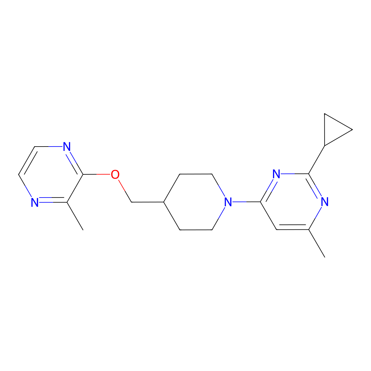 2-Cyclopropyl-4-methyl-6-(4-{[(3-methylpyrazin-2-yl)oxy]methyl}piperidin-1-yl)pyrimidine molecular structure, CAS 2877640-63-4