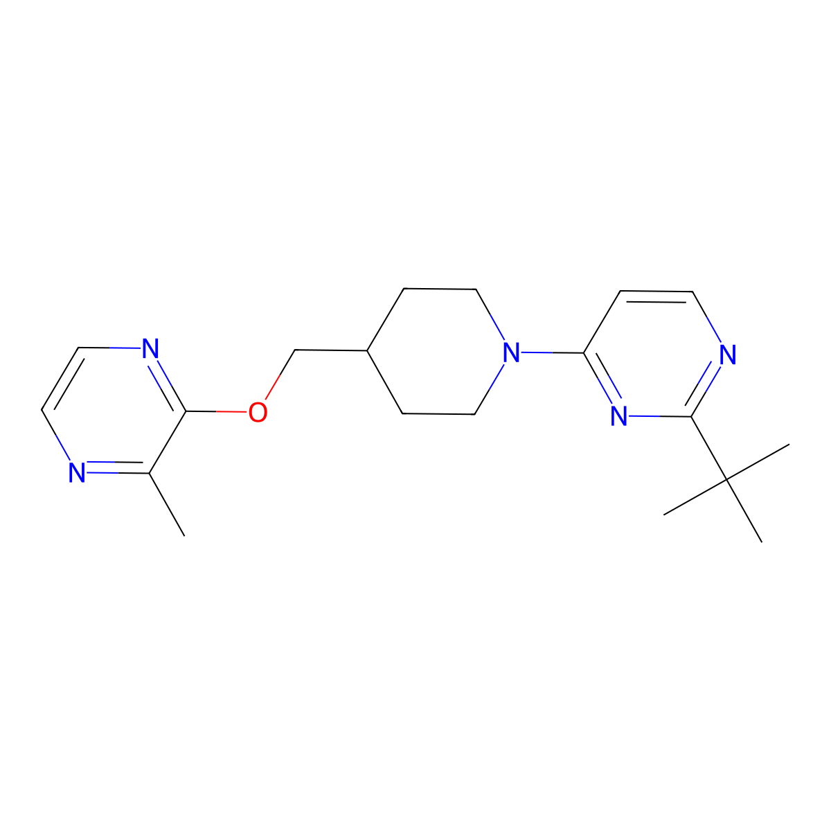 2-Tert-butyl-4-(4-{[(3-methylpyrazin-2-yl)oxy]methyl}piperidin-1-yl)pyrimidine molecular structure, CAS 2877640-65-6