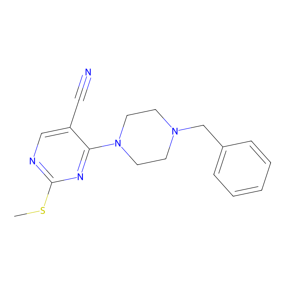 4-(4-Benzylpiperazin-1-yl)-2-(methylsulfanyl)pyrimidine-5-carbonitrile molecular structure, CAS 2877640-66-7