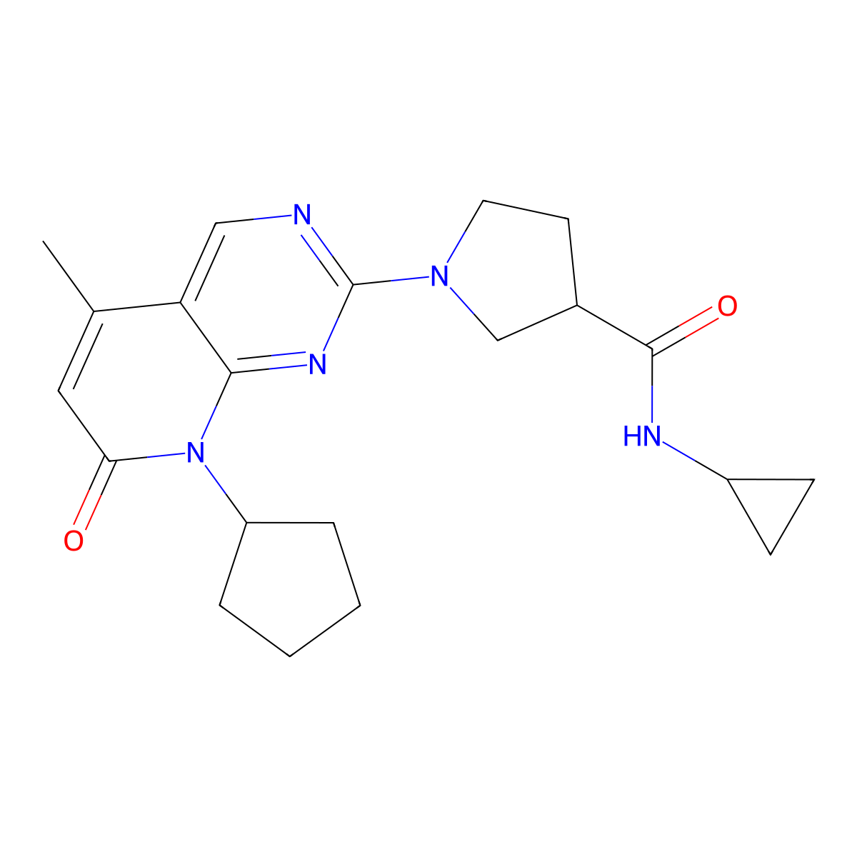 1-{8-cyclopentyl-5-methyl-7-oxo-7H,8H-pyrido[2,3-d]pyrimidin-2-yl}-N-cyclopropylpyrrolidine-3-carboxamide molecular structure, CAS 2877640-77-0