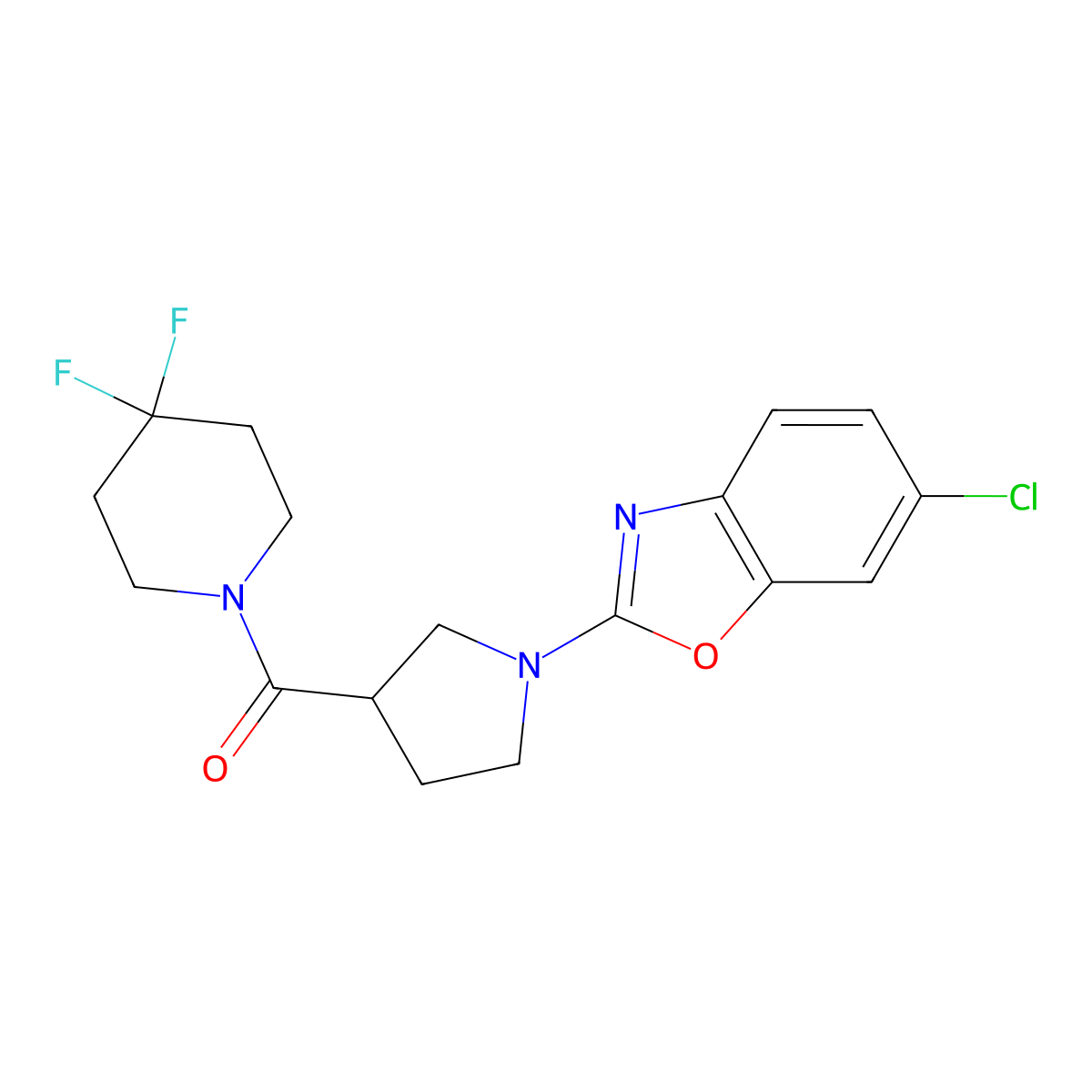 6-Chloro-2-[3-(4,4-difluoropiperidine-1-carbonyl)pyrrolidin-1-yl]-1,3-benzoxazole molecular structure, CAS 2877641-02-4