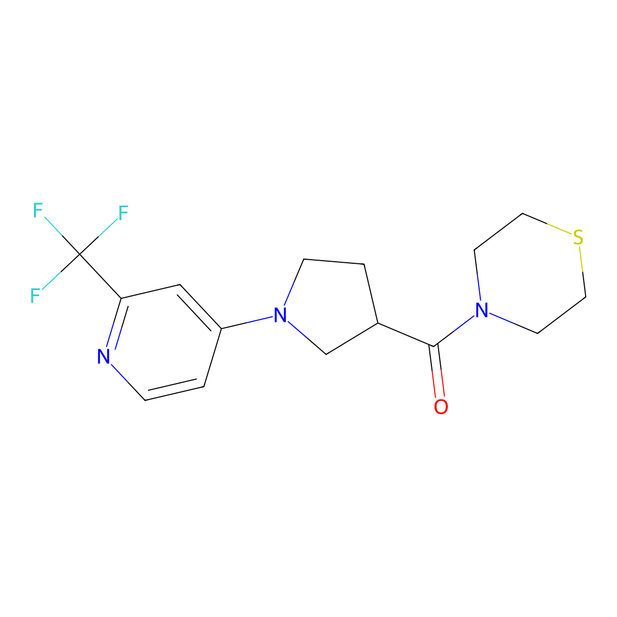 4-{1-[2-(Trifluoromethyl)pyridin-4-yl]pyrrolidine-3-carbonyl}thiomorpholine molecular structure, CAS 2877641-34-2