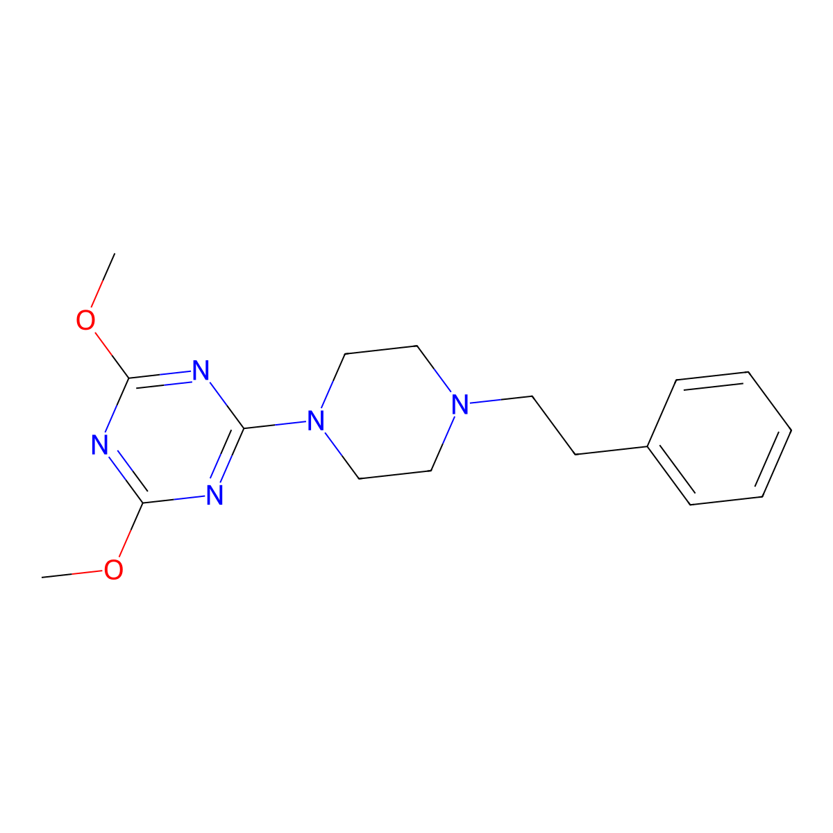2,4-Dimethoxy-6-[4-(2-phenylethyl)piperazin-1-yl]-1,3,5-triazine molecular structure, CAS 2877641-44-4