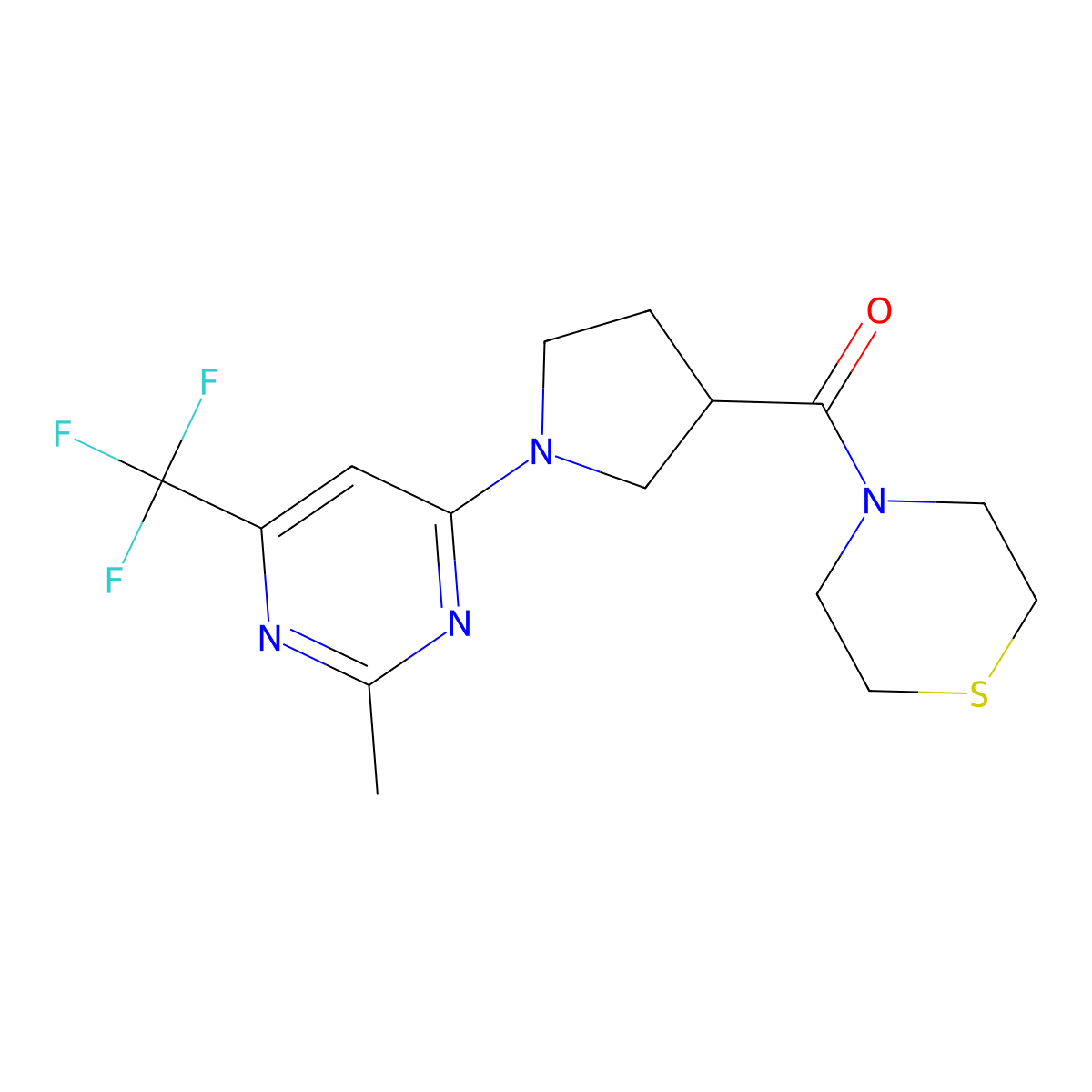 4-{1-[2-Methyl-6-(trifluoromethyl)pyrimidin-4-yl]pyrrolidine-3-carbonyl}thiomorpholine molecular structure, CAS 2877641-69-3