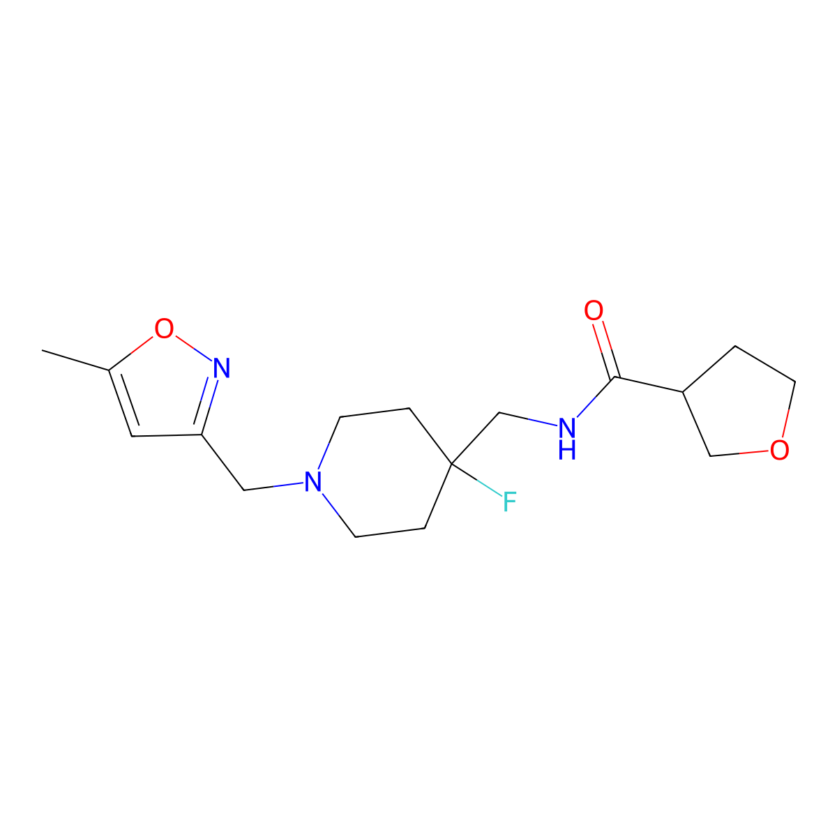 N-({4-fluoro-1-[(5-methyl-1,2-oxazol-3-yl)methyl]piperidin-4-yl}methyl)oxolane-3-carboxamide molecular structure, CAS 2877641-73-9