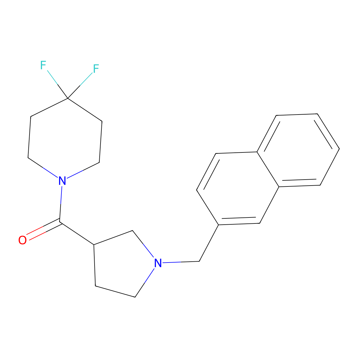 4,4-Difluoro-1-{1-[(naphthalen-2-yl)methyl]pyrrolidine-3-carbonyl}piperidine molecular structure, CAS 2877641-90-0