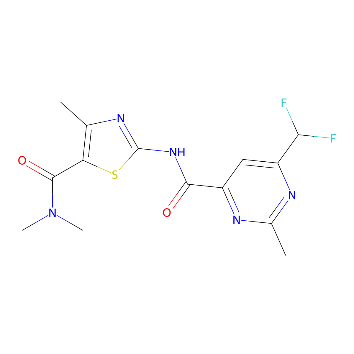 6-(difluoromethyl)-N-[5-(dimethylcarbamoyl)-4-methyl-1,3-thiazol-2-yl]-2-methylpyrimidine-4-carboxamide molecular structure, CAS 2877641-93-3