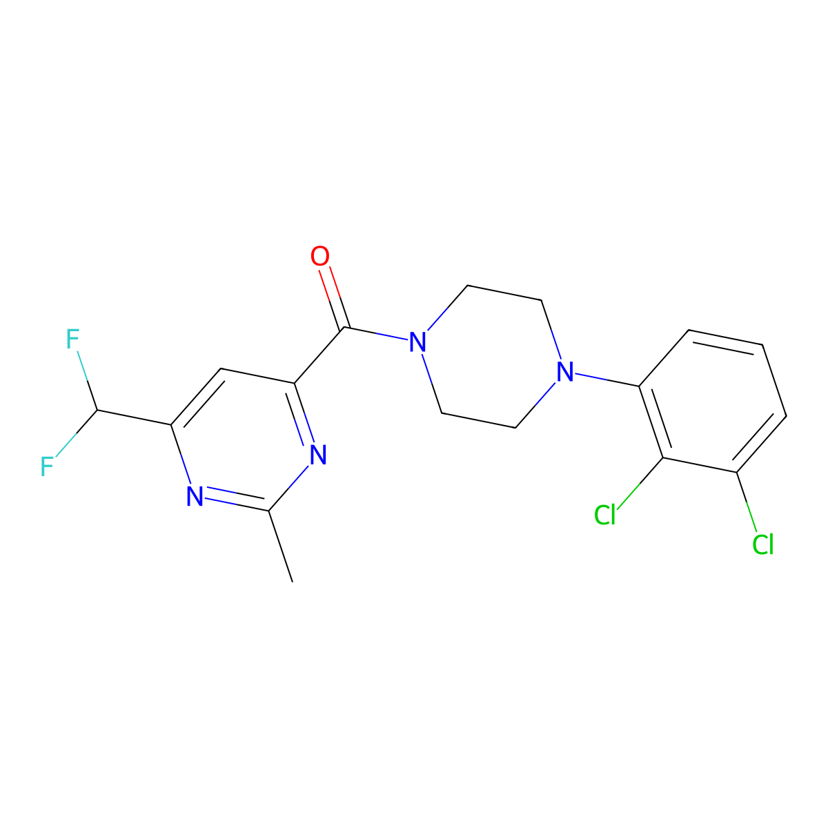 4-[4-(2,3-Dichlorophenyl)piperazine-1-carbonyl]-6-(difluoromethyl)-2-methylpyrimidine molecular structure, CAS 2877642-03-8