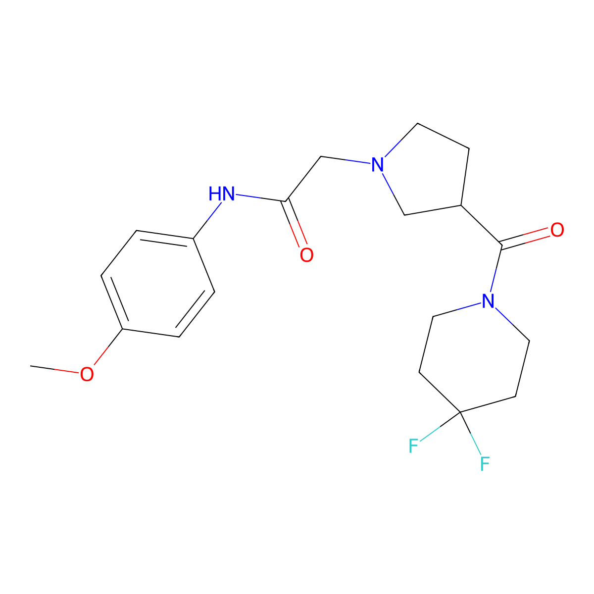 2-[3-(4,4-difluoropiperidine-1-carbonyl)pyrrolidin-1-yl]-N-(4-methoxyphenyl)acetamide molecular structure, CAS 2877642-05-0