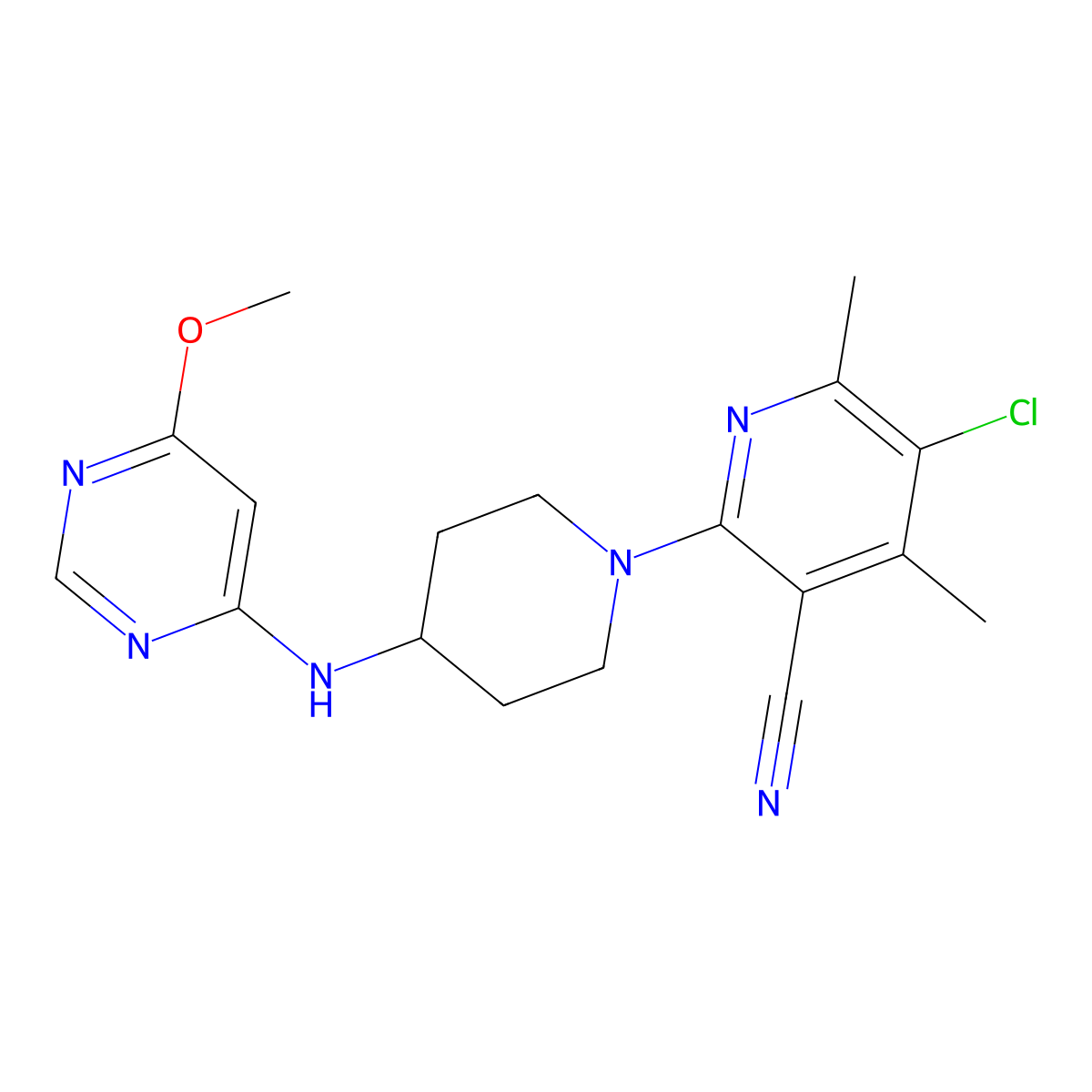 5-Chloro-2-{4-[(6-methoxypyrimidin-4-yl)amino]piperidin-1-yl}-4,6-dimethylpyridine-3-carbonitrile molecular structure, CAS 2877642-08-3