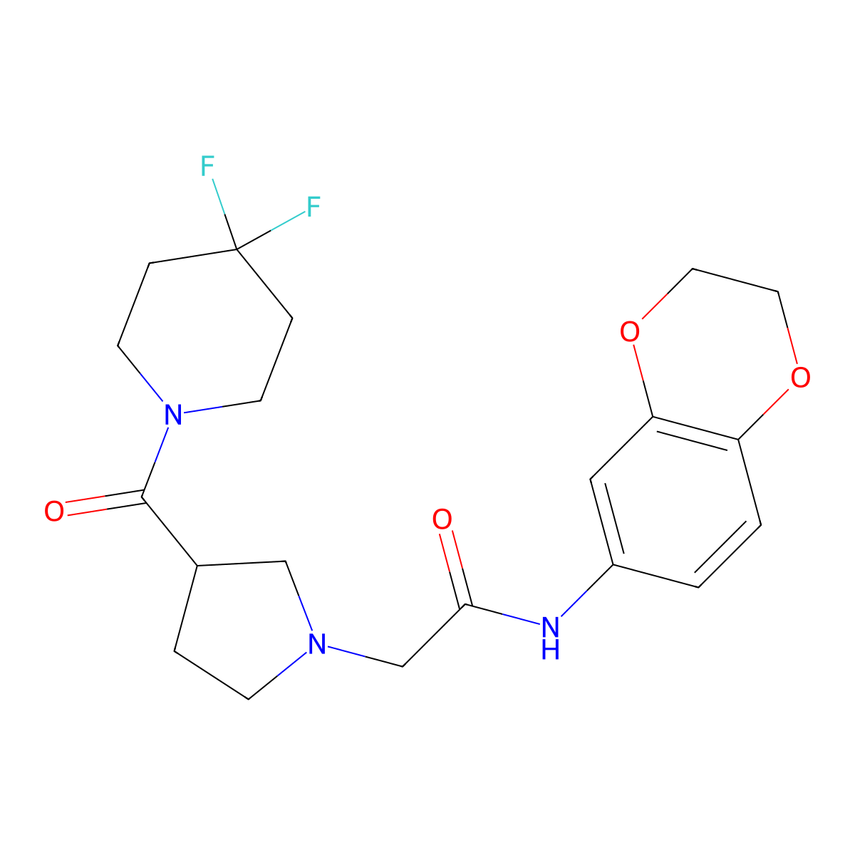 2-[3-(4,4-difluoropiperidine-1-carbonyl)pyrrolidin-1-yl]-N-(2,3-dihydro-1,4-benzodioxin-6-yl)acetamide molecular structure, CAS 2877642-14-1