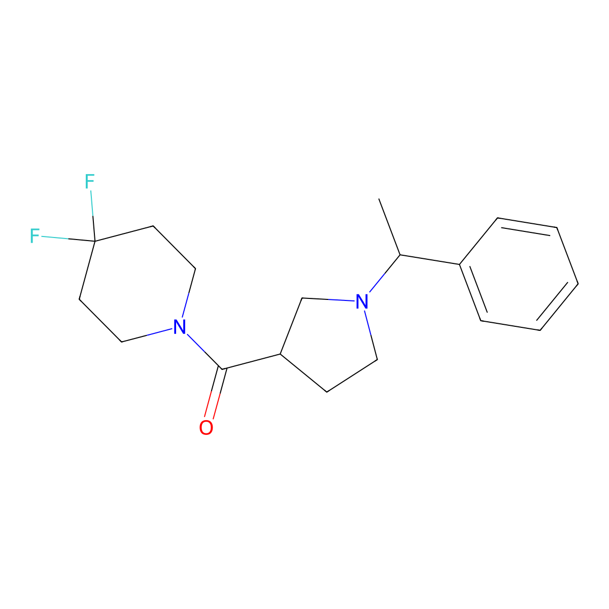 4,4-Difluoro-1-[1-(1-phenylethyl)pyrrolidine-3-carbonyl]piperidine molecular structure, CAS 2877642-16-3