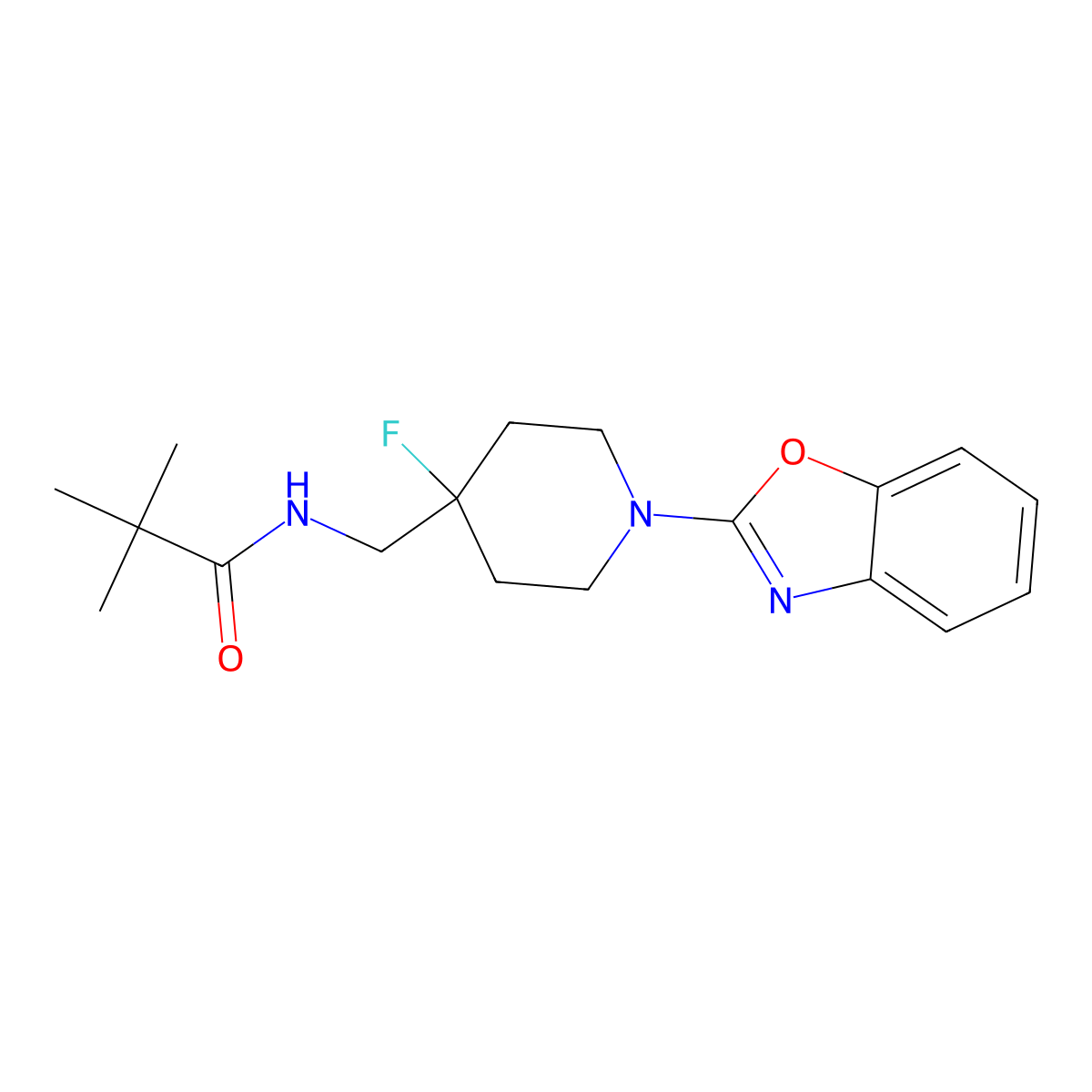 N-{[1-(1,3-benzoxazol-2-yl)-4-fluoropiperidin-4-yl]methyl}-2,2-dimethylpropanamide molecular structure, CAS 2877642-23-2