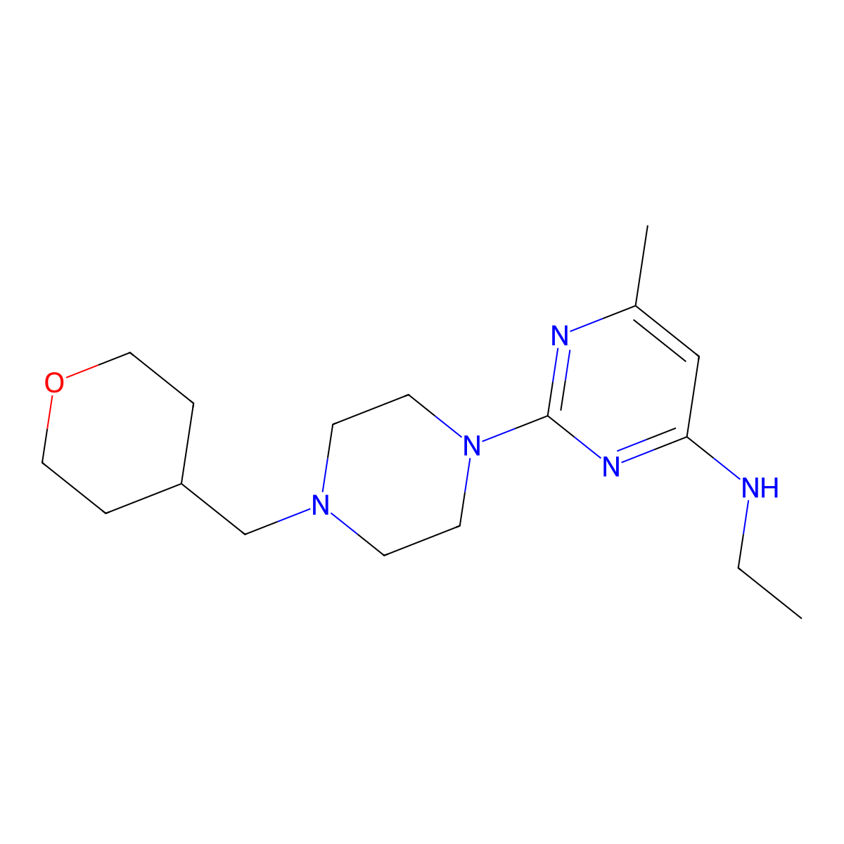 N-ethyl-6-methyl-2-{4-[(oxan-4-yl)methyl]piperazin-1-yl}pyrimidin-4-amine molecular structure, CAS 2877642-24-3