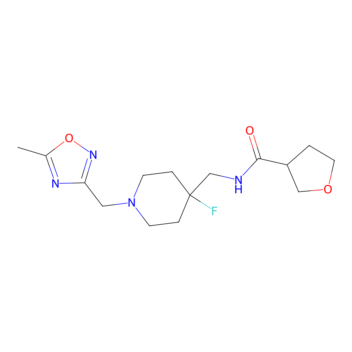 N-({4-fluoro-1-[(5-methyl-1,2,4-oxadiazol-3-yl)methyl]piperidin-4-yl}methyl)oxolane-3-carboxamide molecular structure, CAS 2877642-34-5