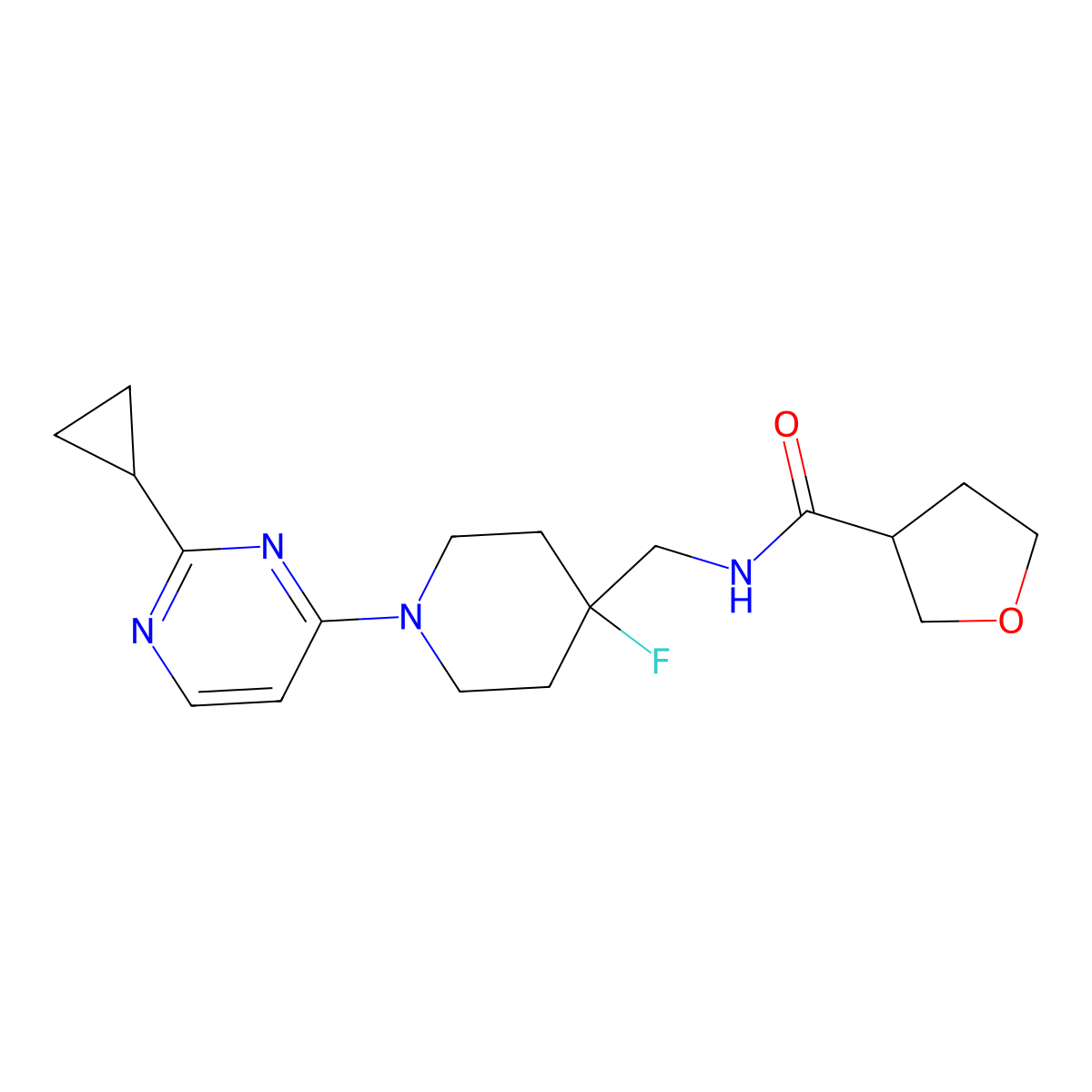 N-{[1-(2-cyclopropylpyrimidin-4-yl)-4-fluoropiperidin-4-yl]methyl}oxolane-3-carboxamide molecular structure, CAS 2877642-35-6