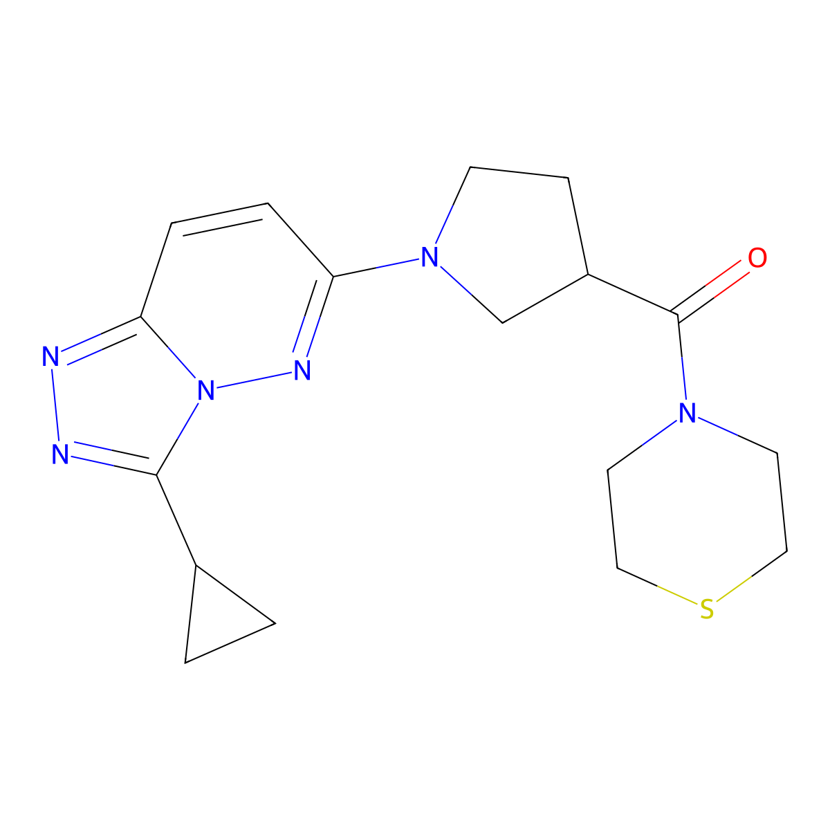 4-(1-{3-Cyclopropyl-[1,2,4]triazolo[4,3-b]pyridazin-6-yl}pyrrolidine-3-carbonyl)thiomorpholine molecular structure, CAS 2877642-36-7