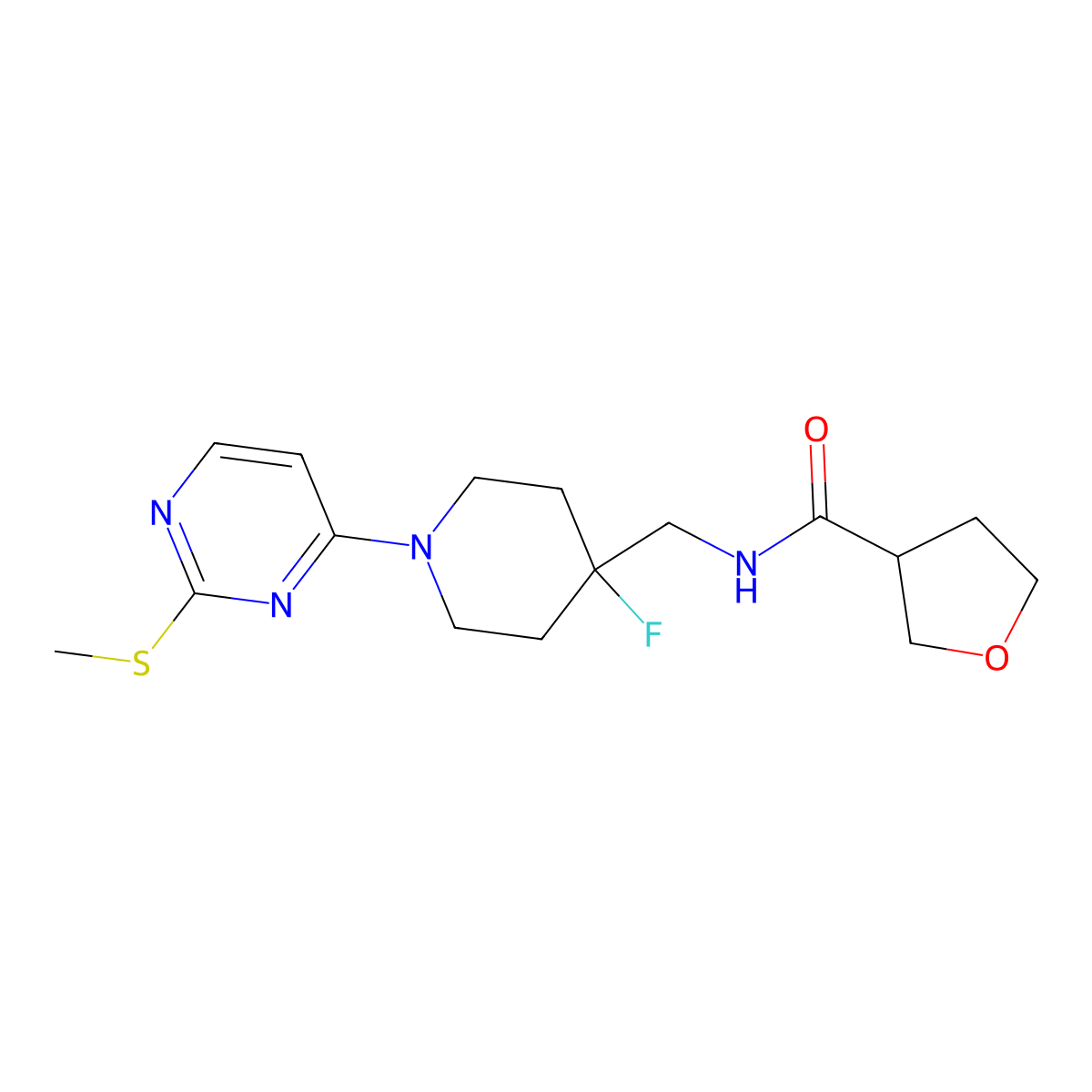 N-({4-fluoro-1-[2-(methylsulfanyl)pyrimidin-4-yl]piperidin-4-yl}methyl)oxolane-3-carboxamide molecular structure, CAS 2877642-39-0