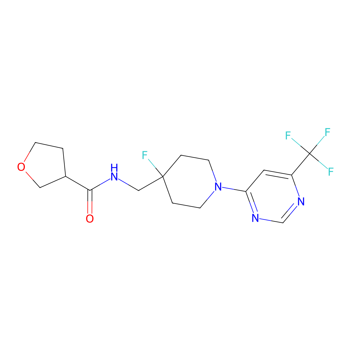 N-({4-fluoro-1-[6-(trifluoromethyl)pyrimidin-4-yl]piperidin-4-yl}methyl)oxolane-3-carboxamide molecular structure, CAS 2877642-47-0
