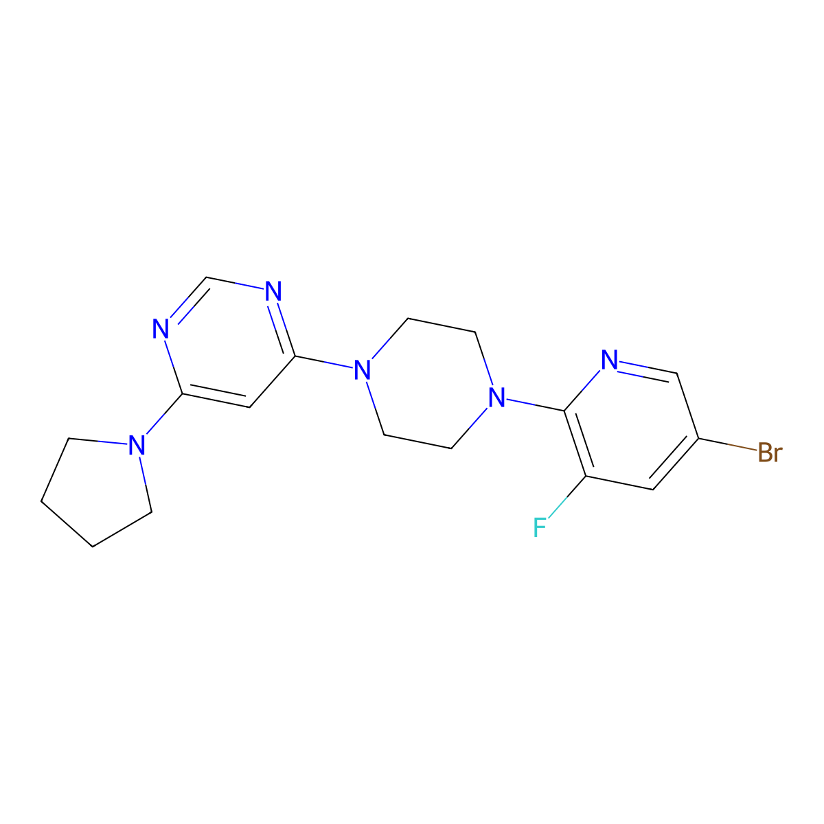4-[4-(5-Bromo-3-fluoropyridin-2-yl)piperazin-1-yl]-6-(pyrrolidin-1-yl)pyrimidine molecular structure, CAS 2877642-49-2