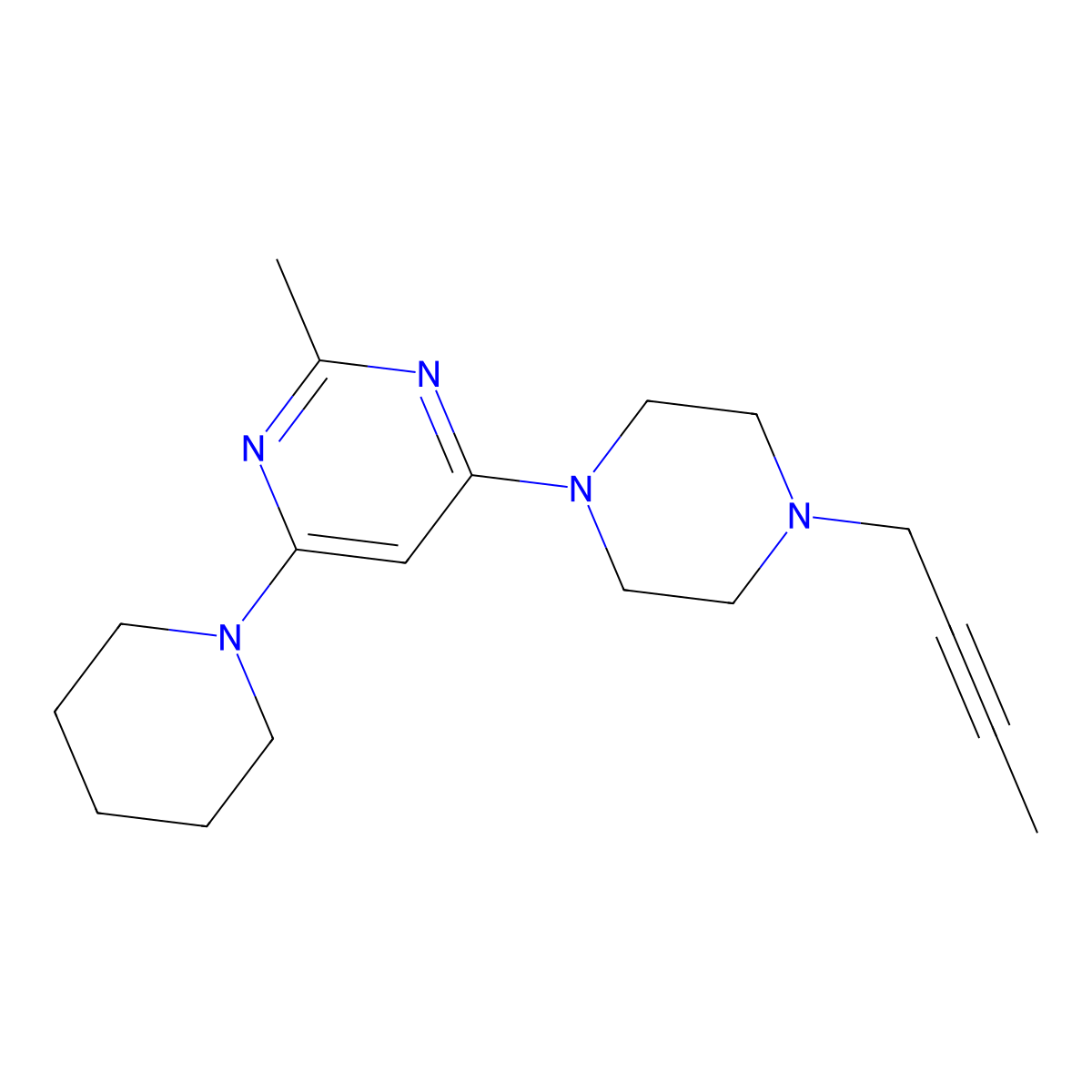 4-[4-(But-2-yn-1-yl)piperazin-1-yl]-2-methyl-6-(piperidin-1-yl)pyrimidine molecular structure, CAS 2877642-66-3