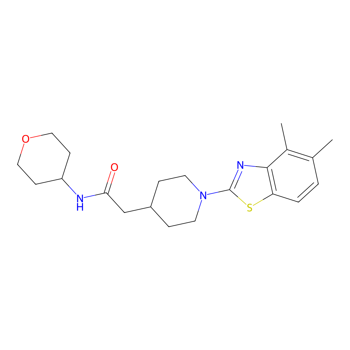 2-[1-(4,5-dimethyl-1,3-benzothiazol-2-yl)piperidin-4-yl]-N-(oxan-4-yl)acetamide molecular structure, CAS 2877642-70-9