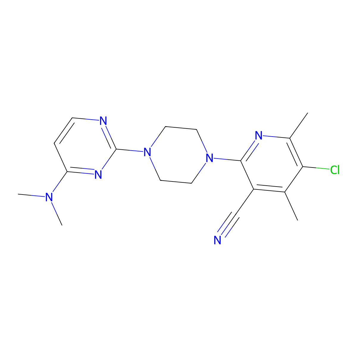5-Chloro-2-{4-[4-(dimethylamino)pyrimidin-2-yl]piperazin-1-yl}-4,6-dimethylpyridine-3-carbonitrile molecular structure, CAS 2877642-74-3