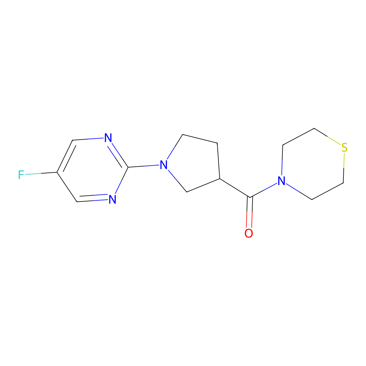 4-[1-(5-Fluoropyrimidin-2-yl)pyrrolidine-3-carbonyl]thiomorpholine molecular structure, CAS 2877642-79-8